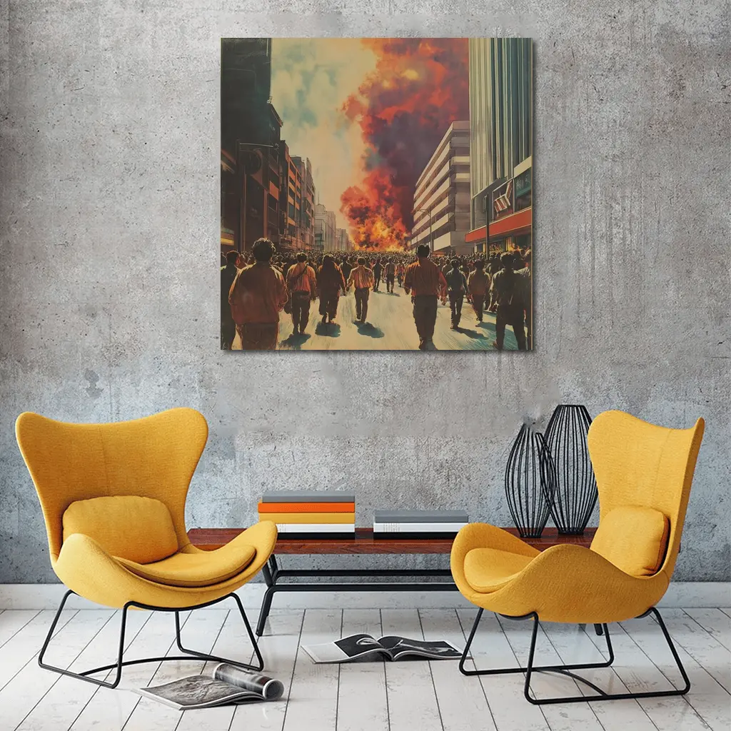 Crowd Walking Toward City Fire Explosion – Wall Art