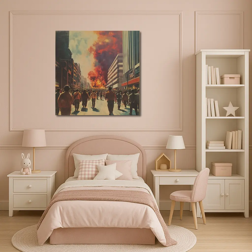 Crowd Walking Toward City Fire Explosion – Wall Art