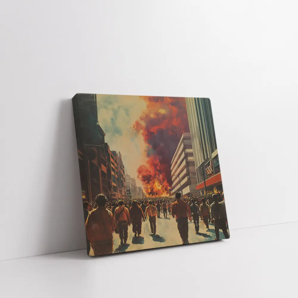 Crowd Walking Toward City Fire Explosion – Wall Art