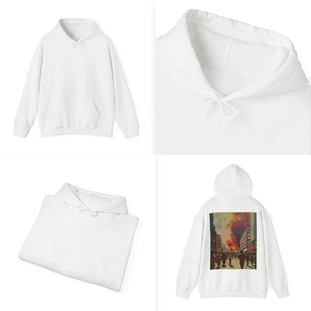 Crowd Walking Toward City Fire Explosion – Hoodies