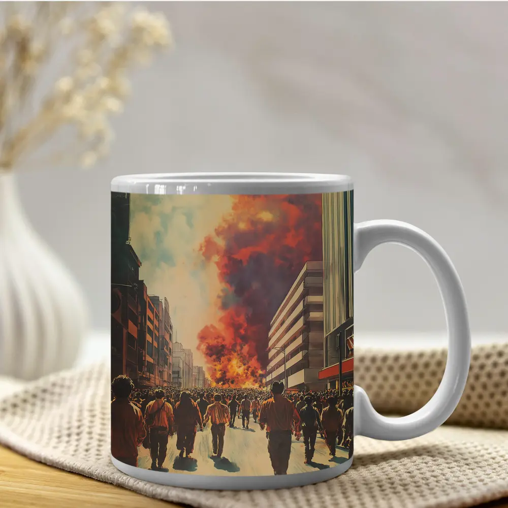Crowd Walking Toward City Fire Explosion – Mugs