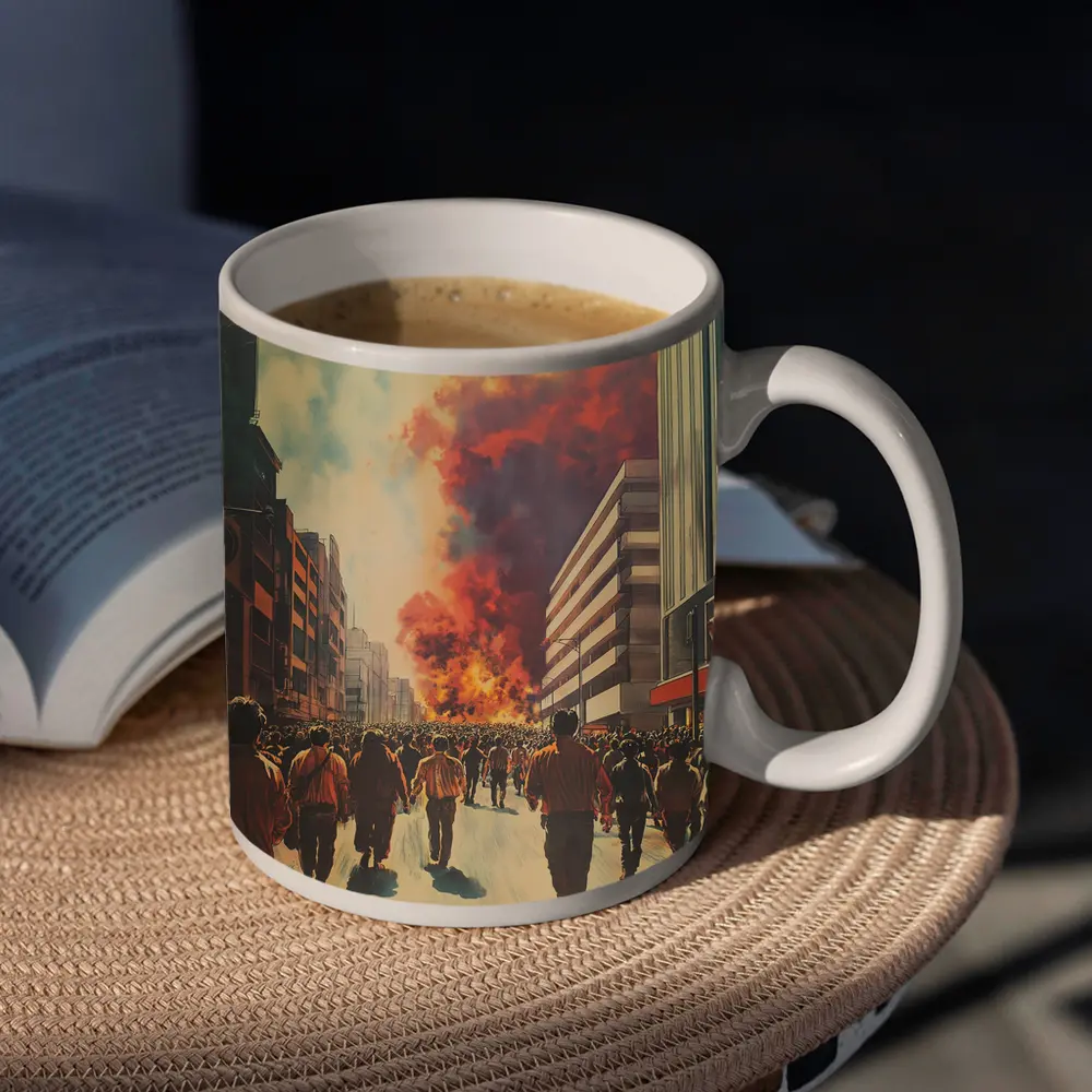 Crowd Walking Toward City Fire Explosion – Mugs