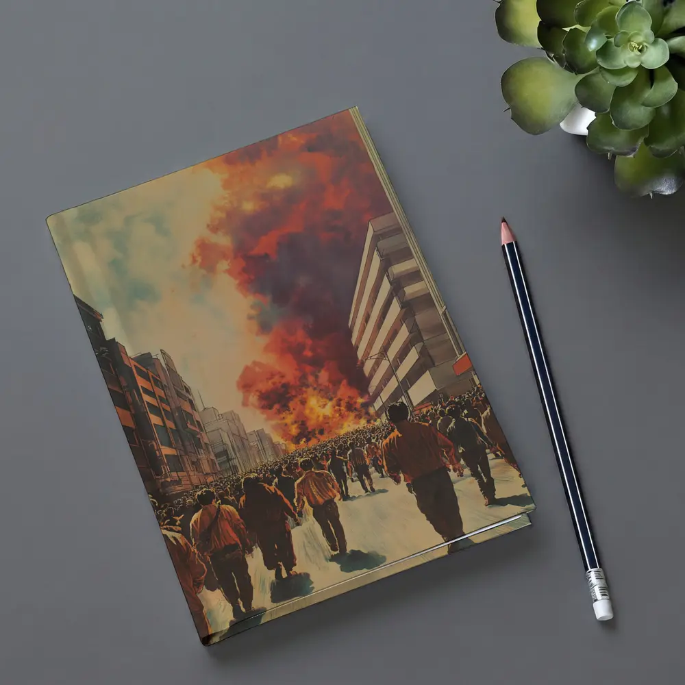 Crowd Walking Toward City Fire Explosion – Notebooks