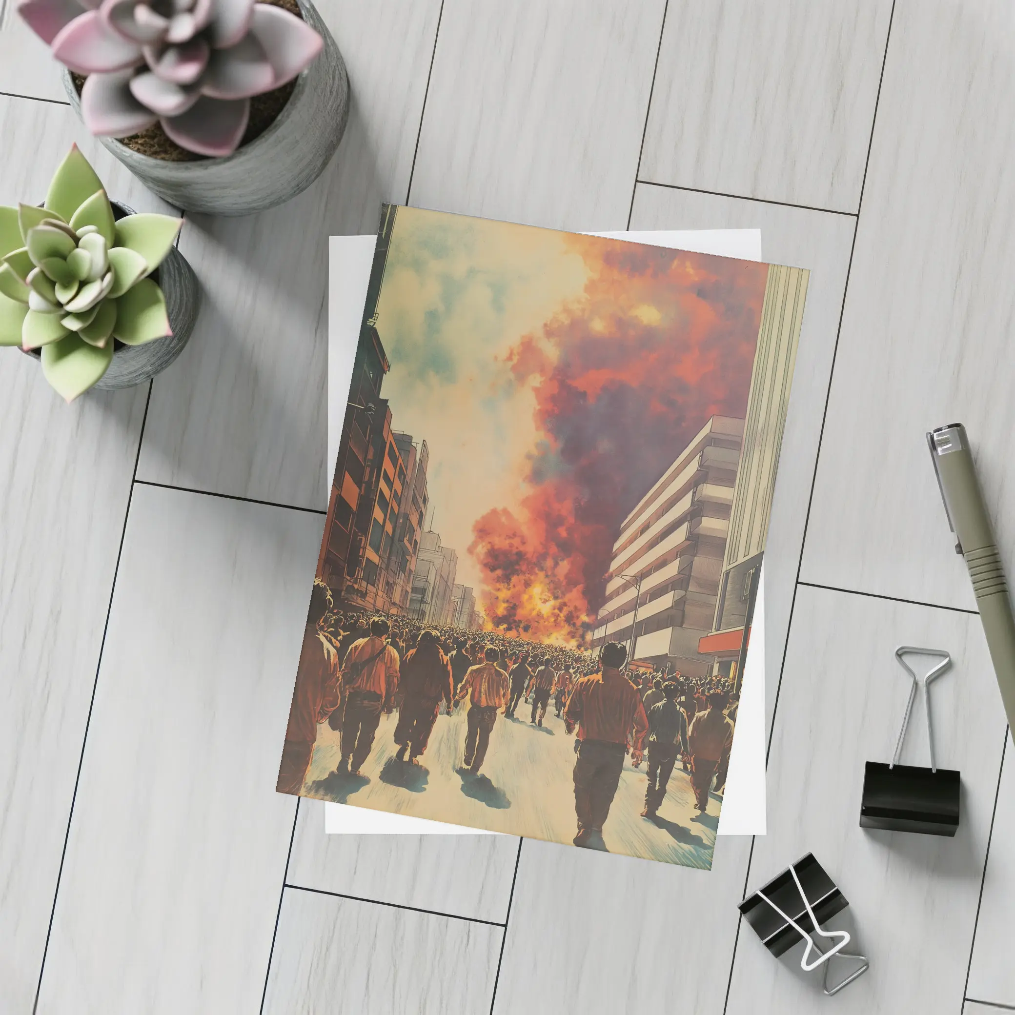 Crowd Walking Toward City Fire Explosion – Postcards