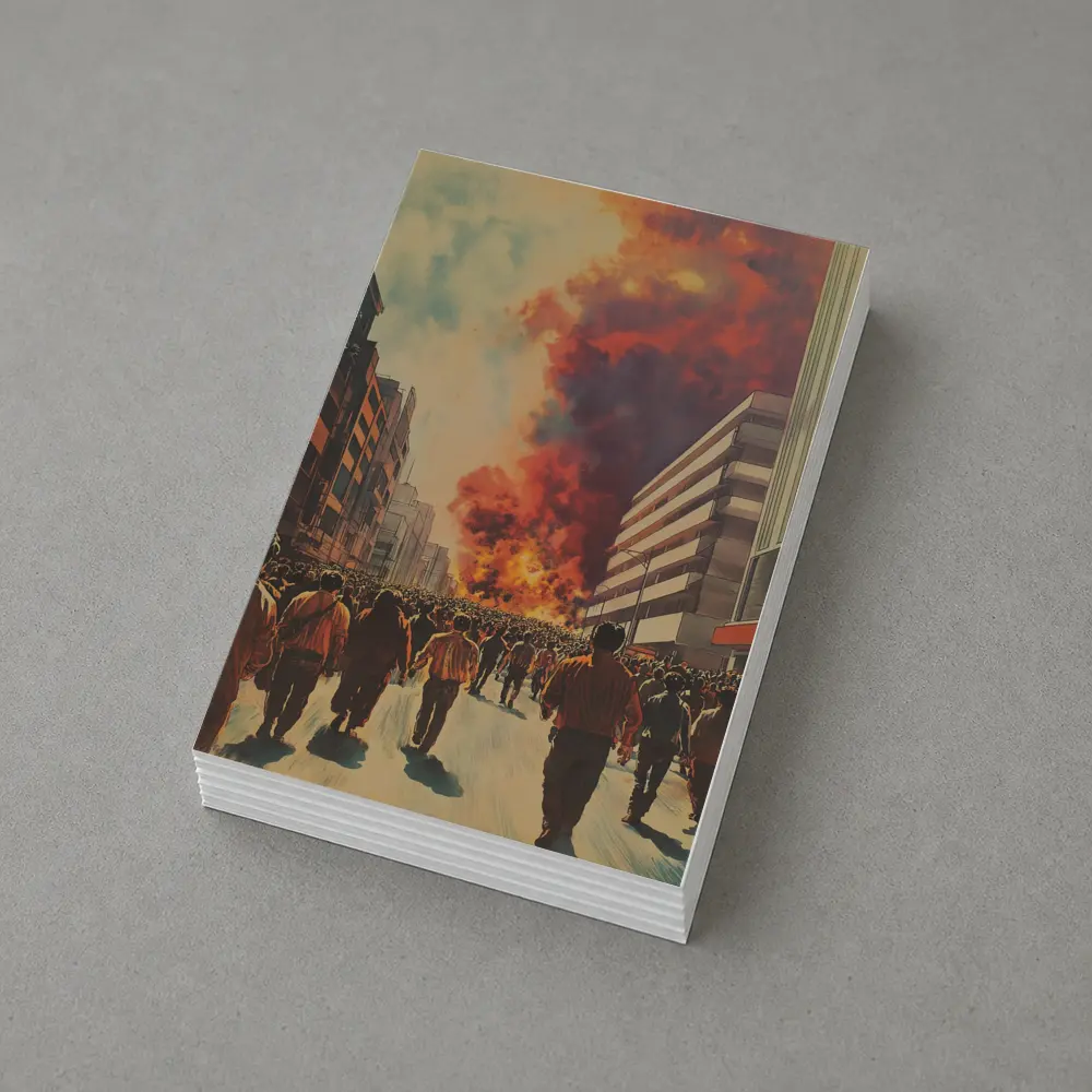 Crowd Walking Toward City Fire Explosion – Postcards