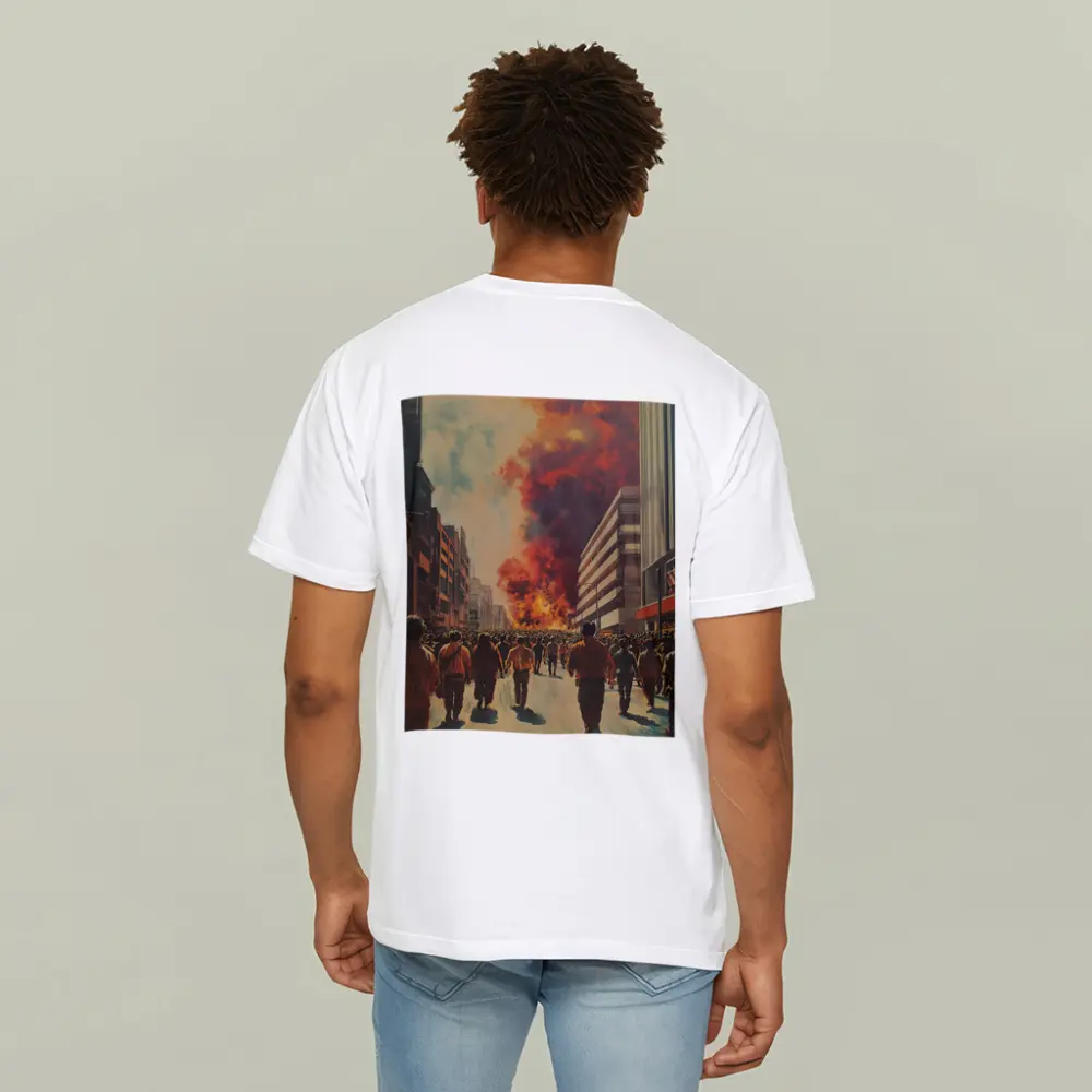 Crowd Walking Toward City Fire Explosion – T-Shirts