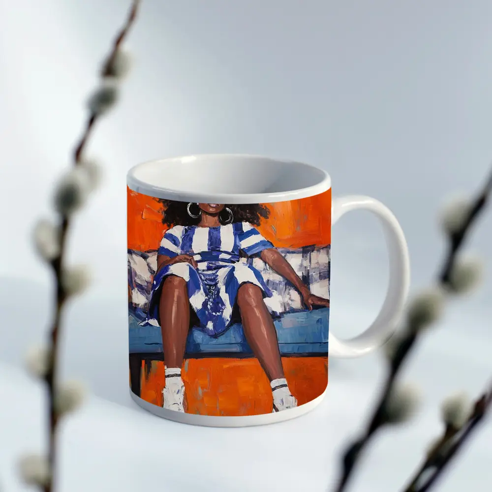 Black Woman Portrait Bold Orange Oil Painting – Mugs