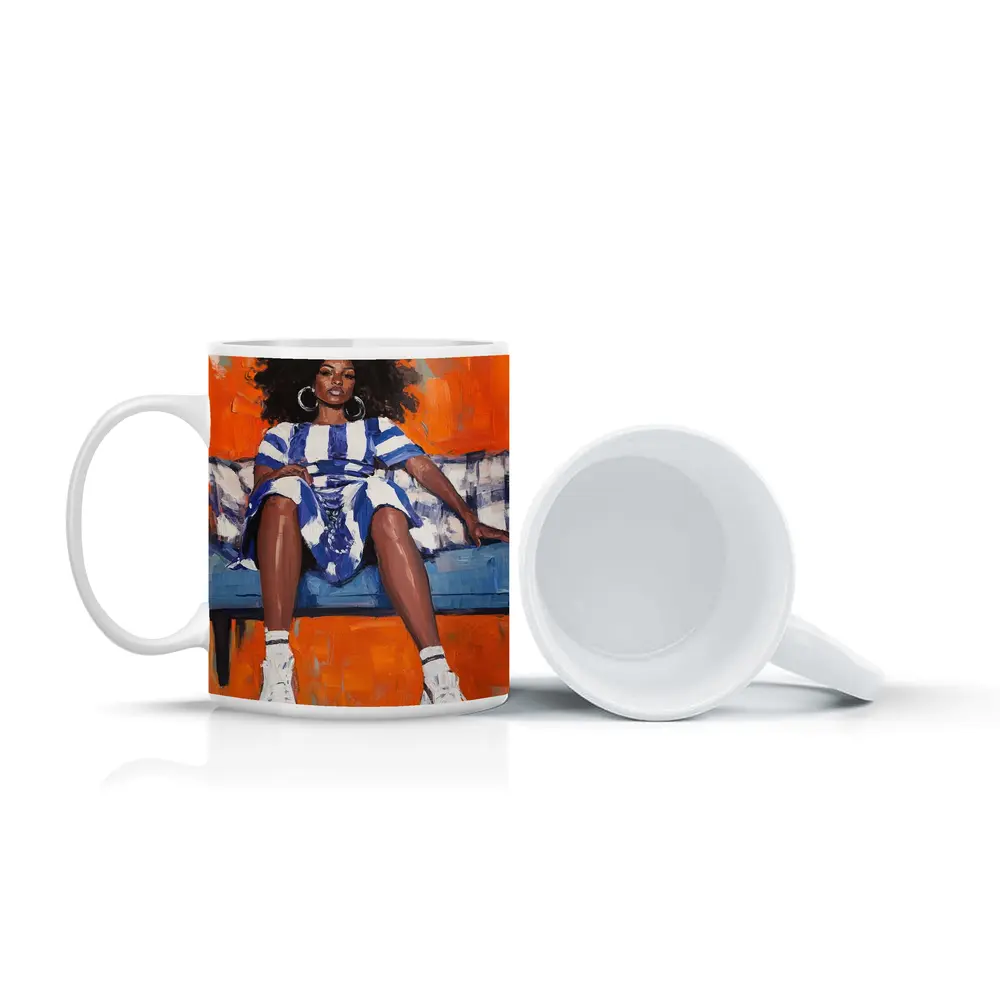 Black Woman Portrait Bold Orange Oil Painting – Mugs