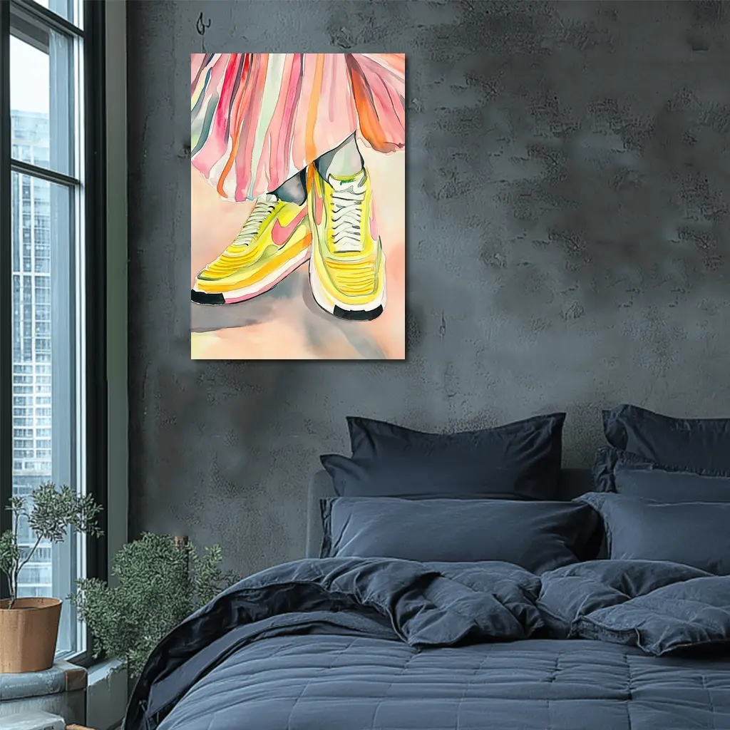 Yellow Nike Sneakers Watercolor Fashion Illustration – Wall Art