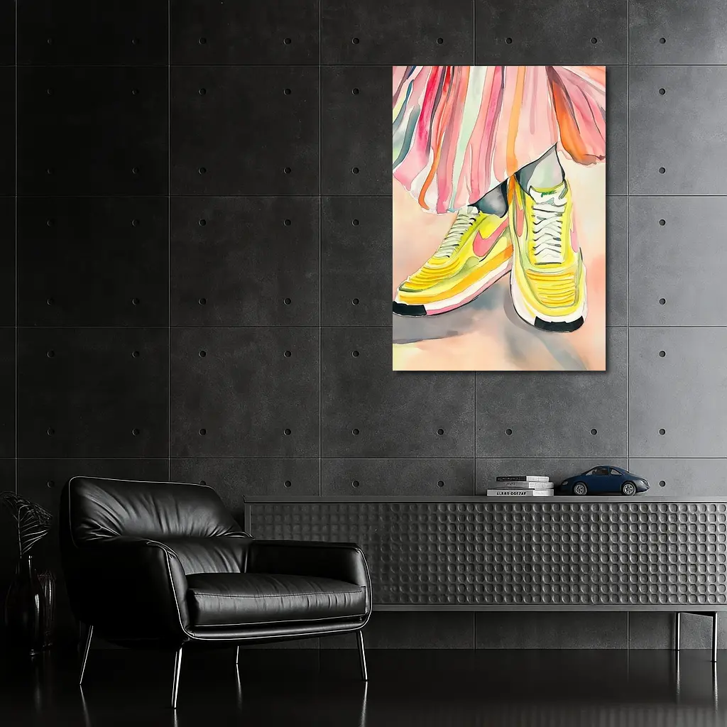 Yellow Nike Sneakers Watercolor Fashion Illustration – Wall Art