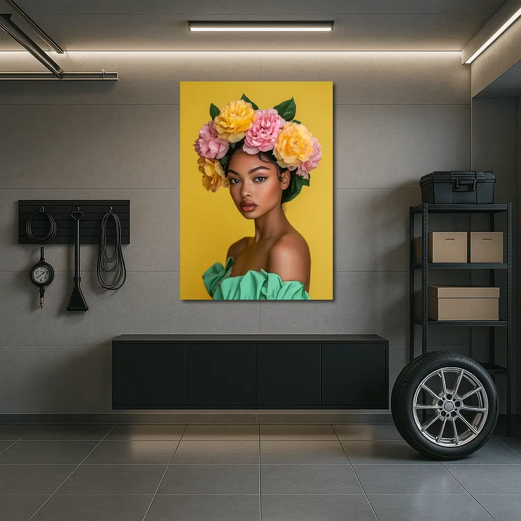 Woman Flower Crown Yellow Background Portrait – Wall Art