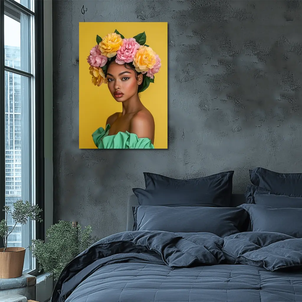 Woman Flower Crown Yellow Background Portrait – Wall Art