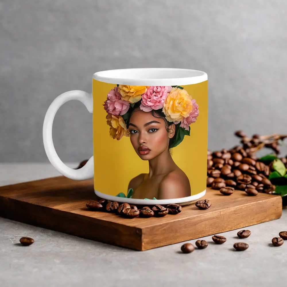 Woman Flower Crown Yellow Background Portrait – Mugs
