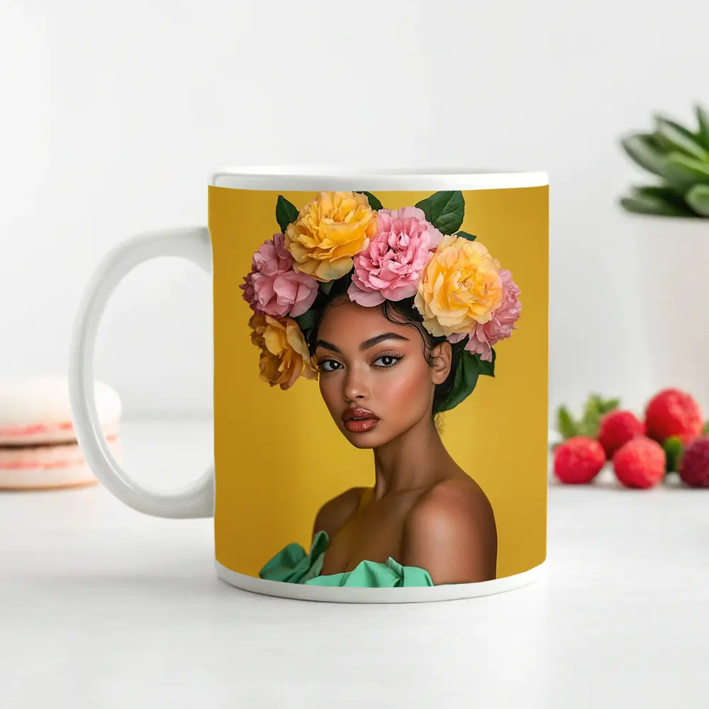 Woman Flower Crown Yellow Background Portrait – Mugs