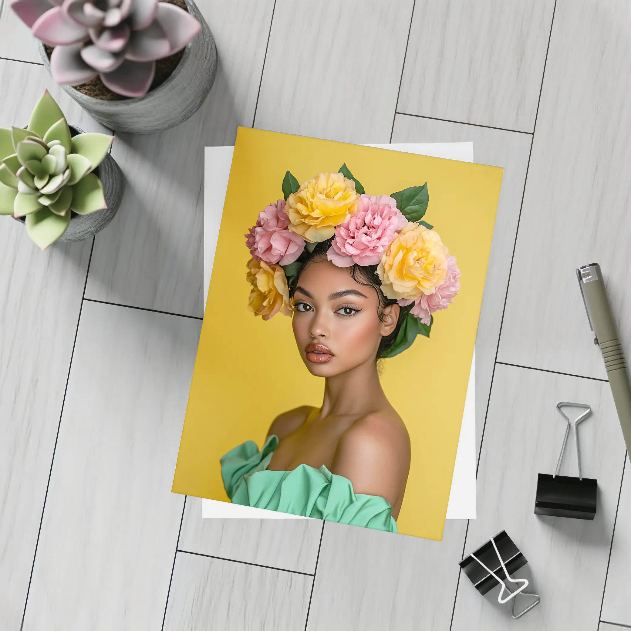 Woman Flower Crown Yellow Background Portrait – Postcards