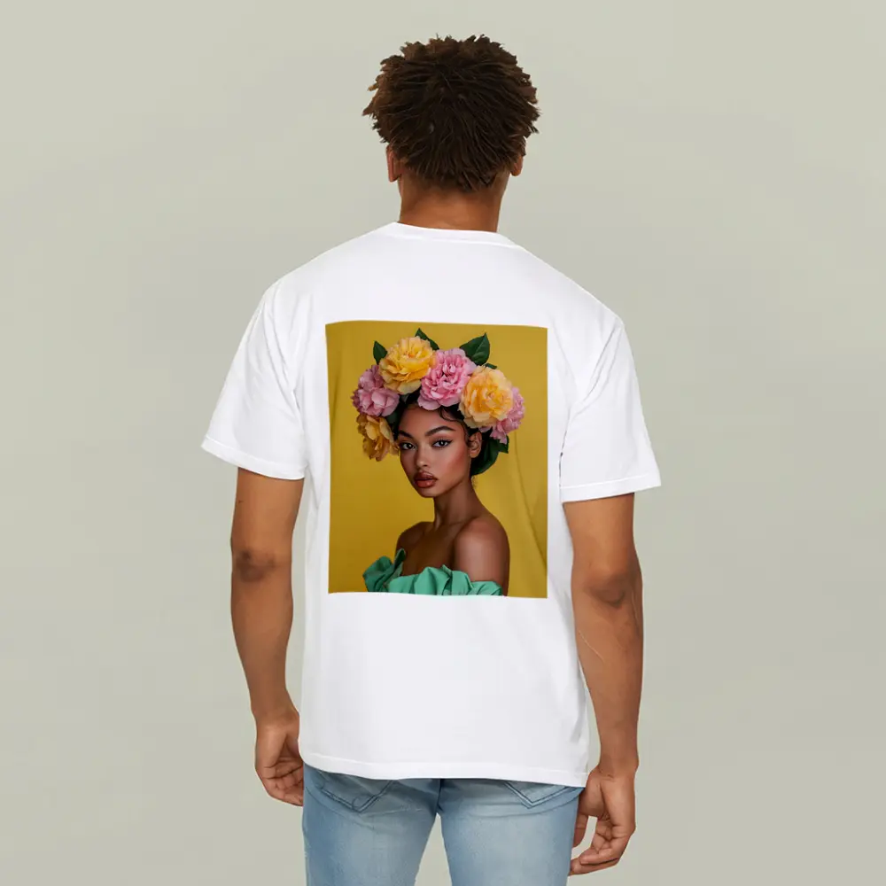 Woman Flower Crown Yellow Background Portrait – T-Shirts