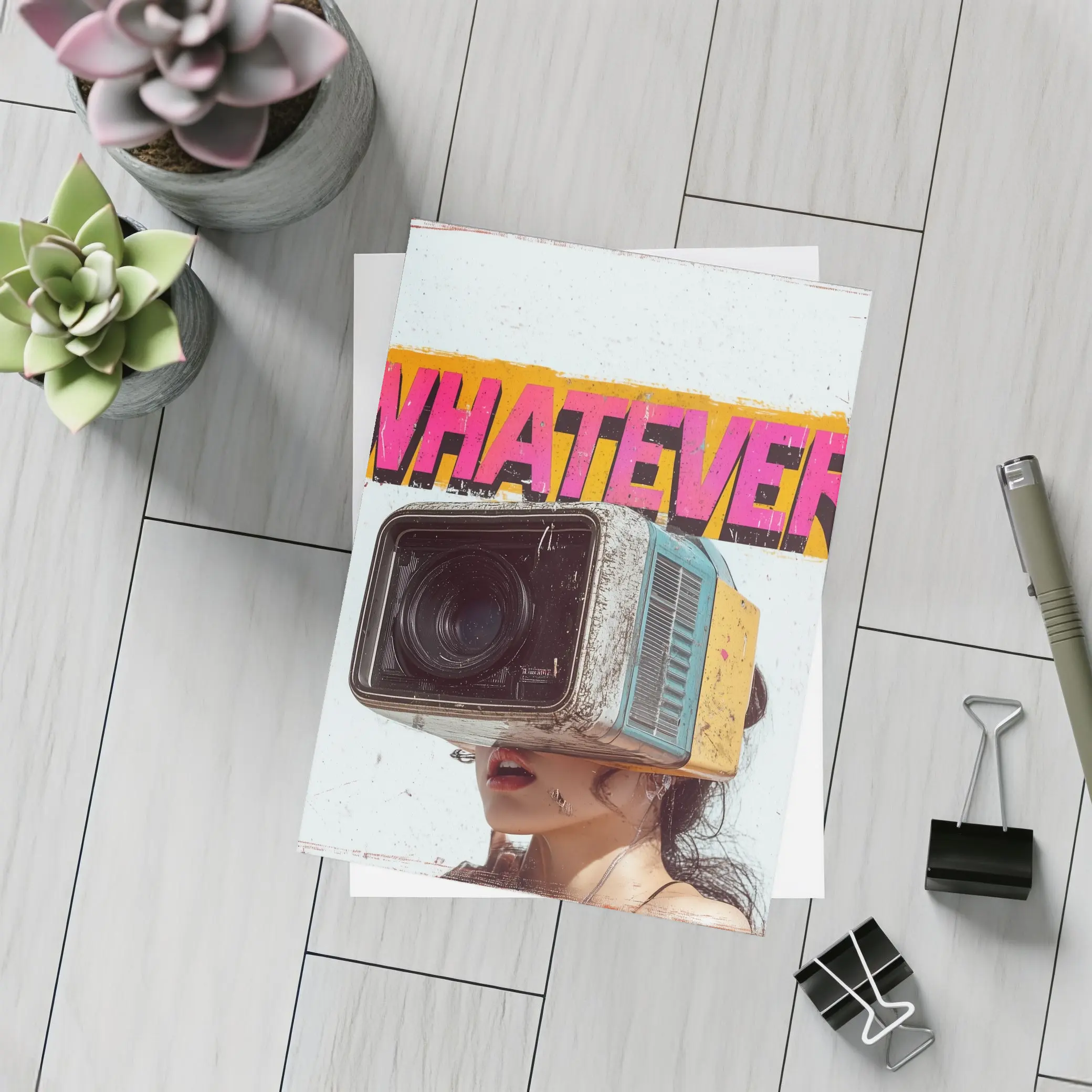 Whatever Retro Camera Head Woman Art – Postcards