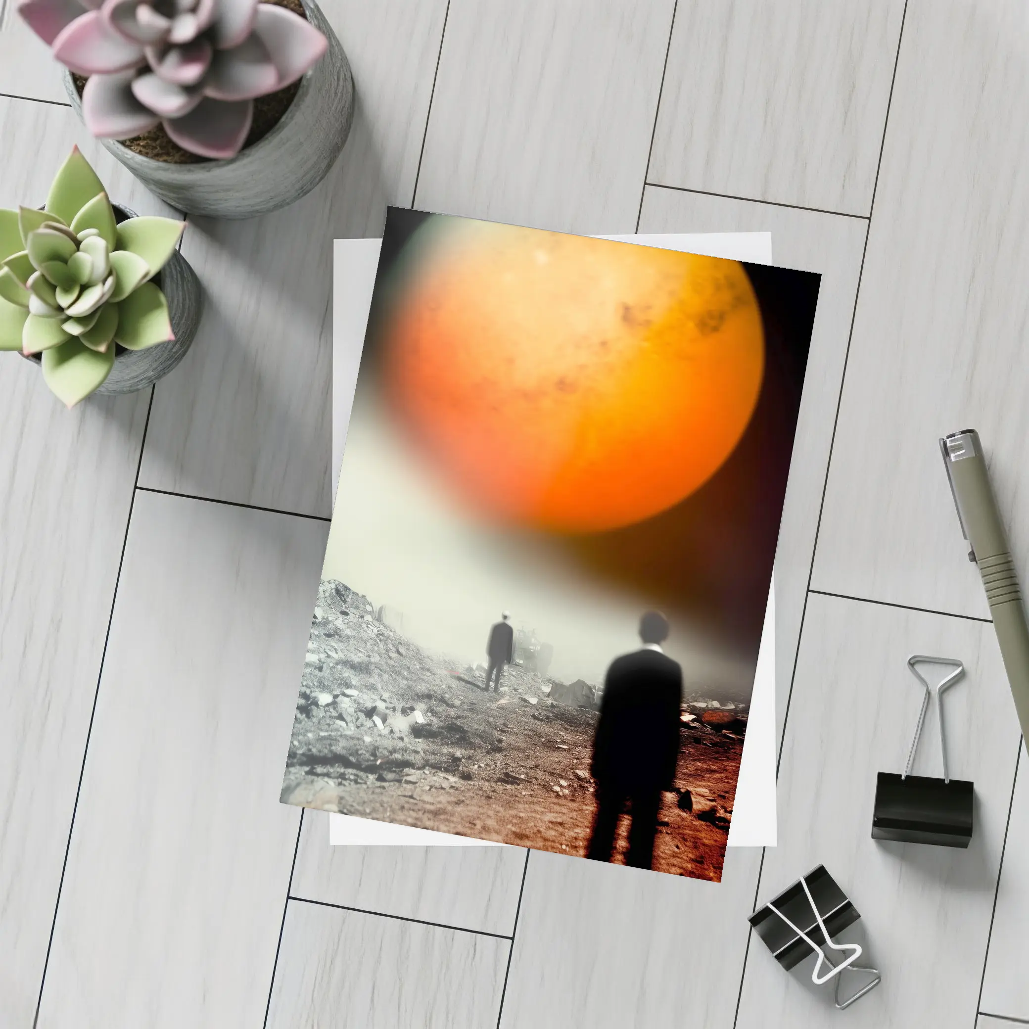 Men Walking Toward Mars Surreal Landscape – Postcards