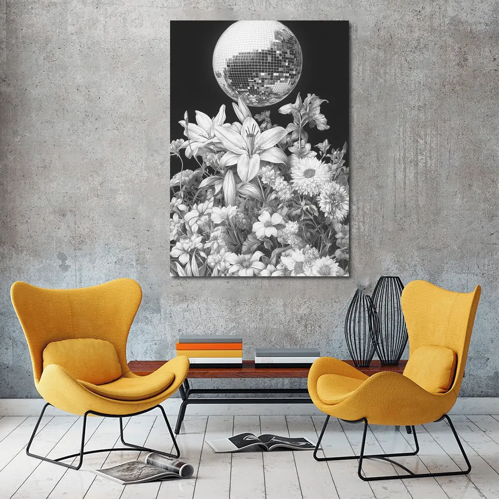 Disco Ball Florals Black White Drawing – Wall Art
