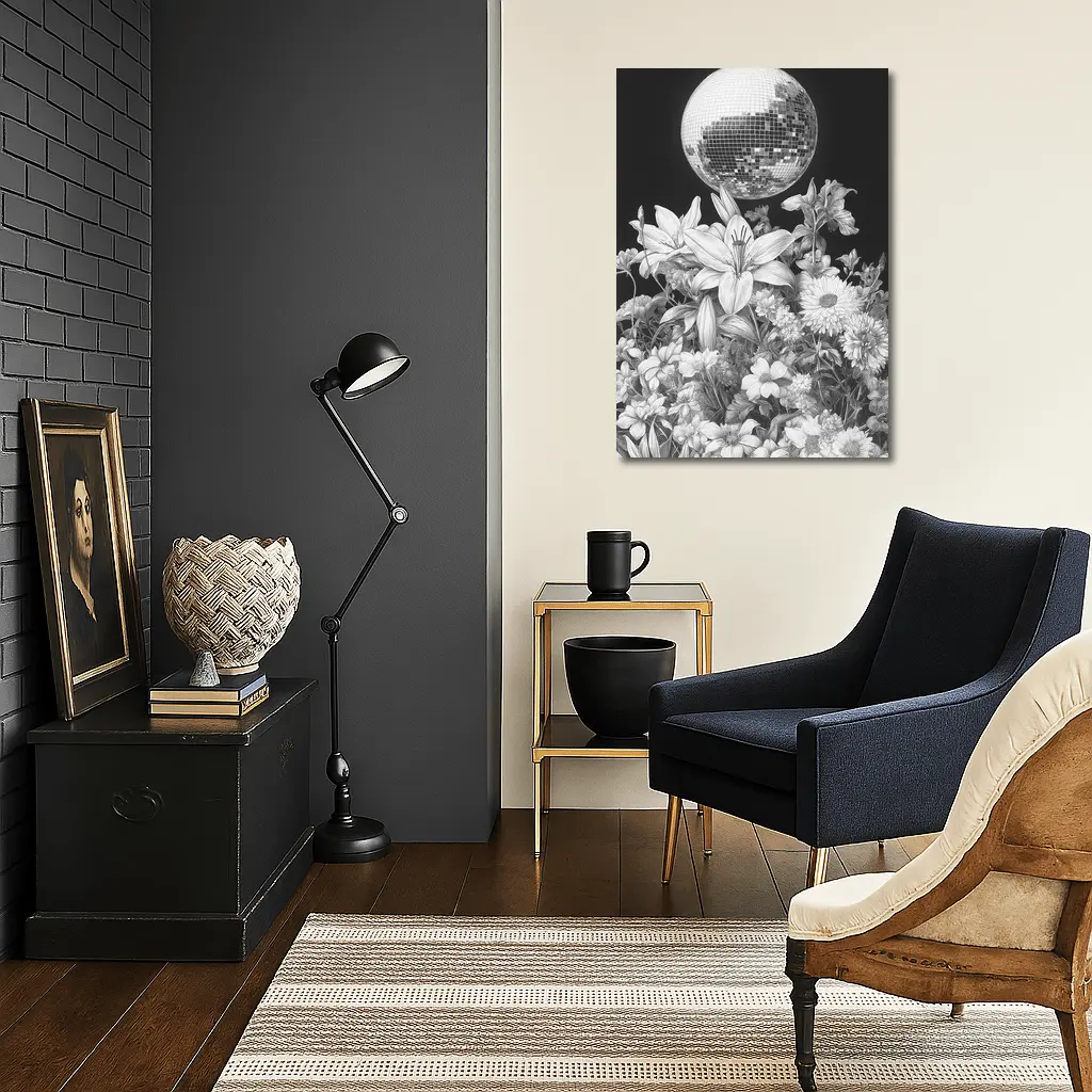 Disco Ball Florals Black White Drawing – Wall Art