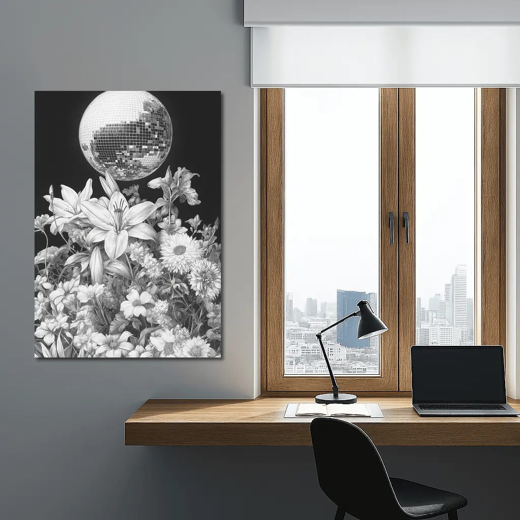 Disco Ball Florals Black White Drawing – Wall Art