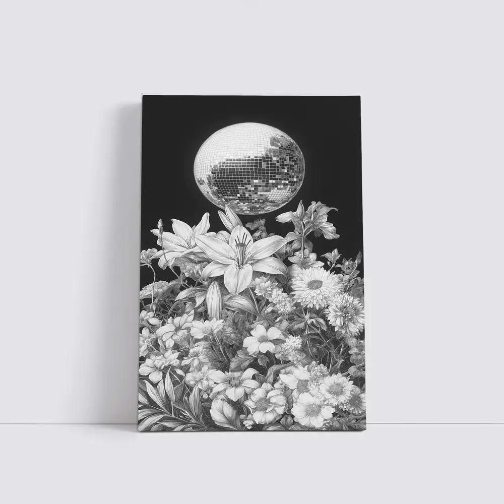 Disco Ball Florals Black White Drawing – Wall Art