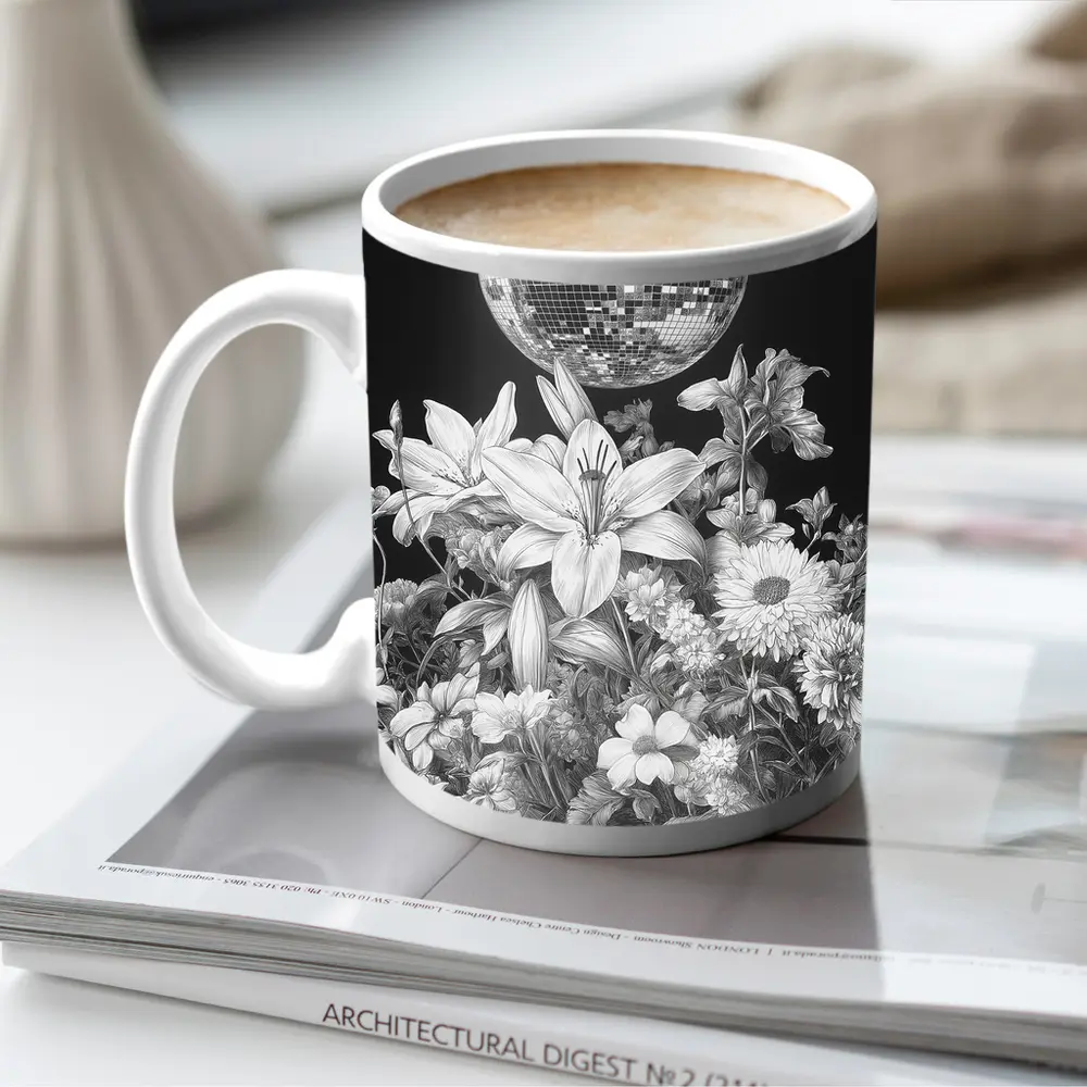 Disco Ball Florals Black White Drawing – Mugs