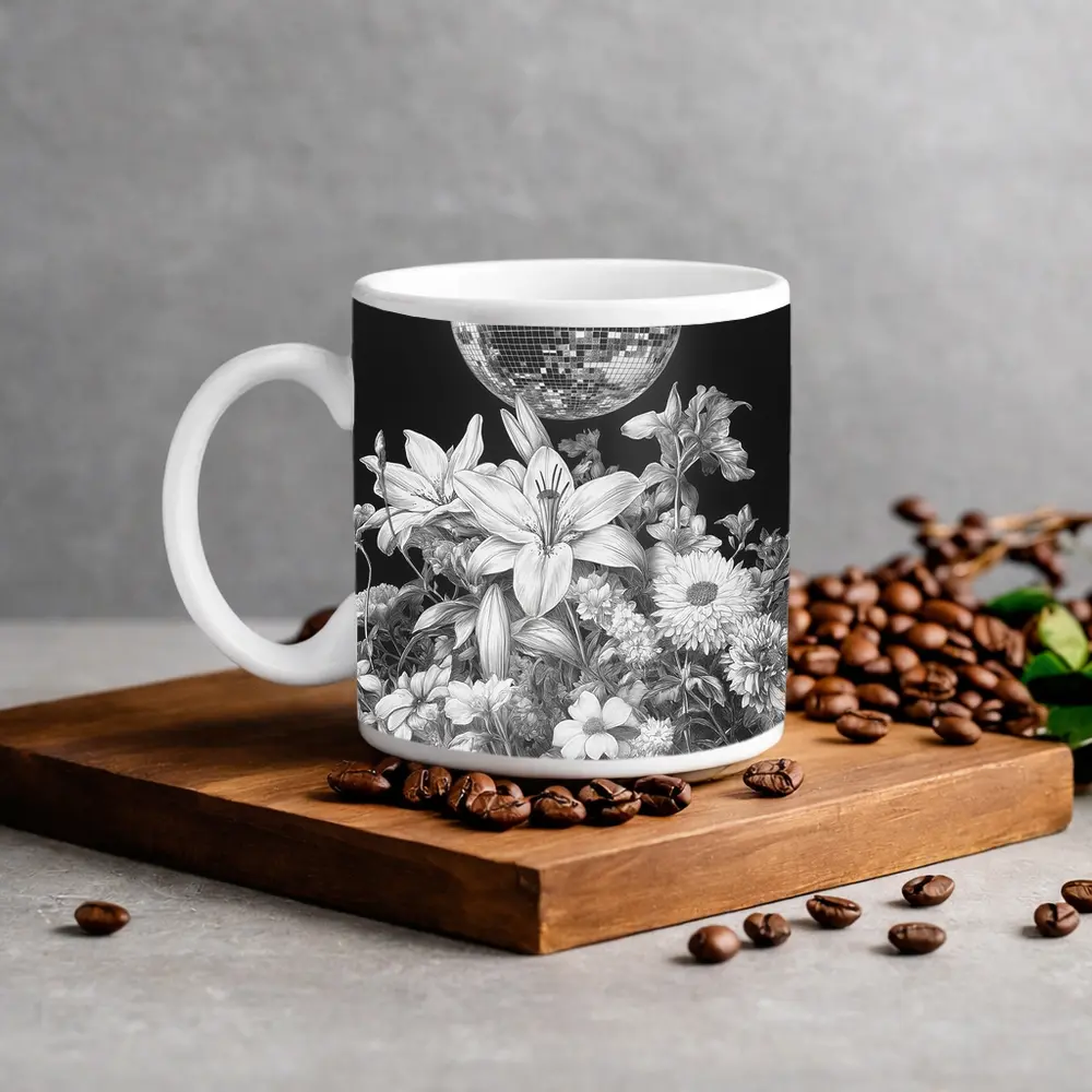 Disco Ball Florals Black White Drawing – Mugs