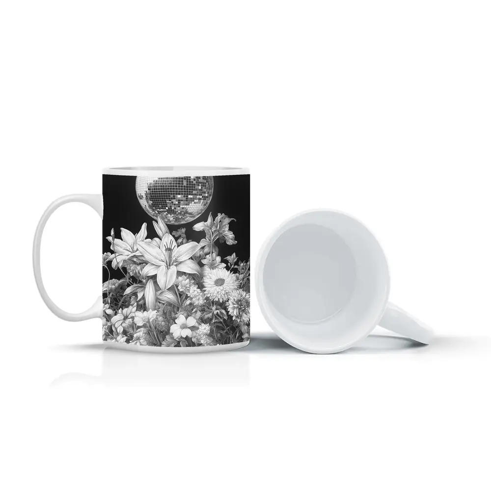 Disco Ball Florals Black White Drawing – Mugs