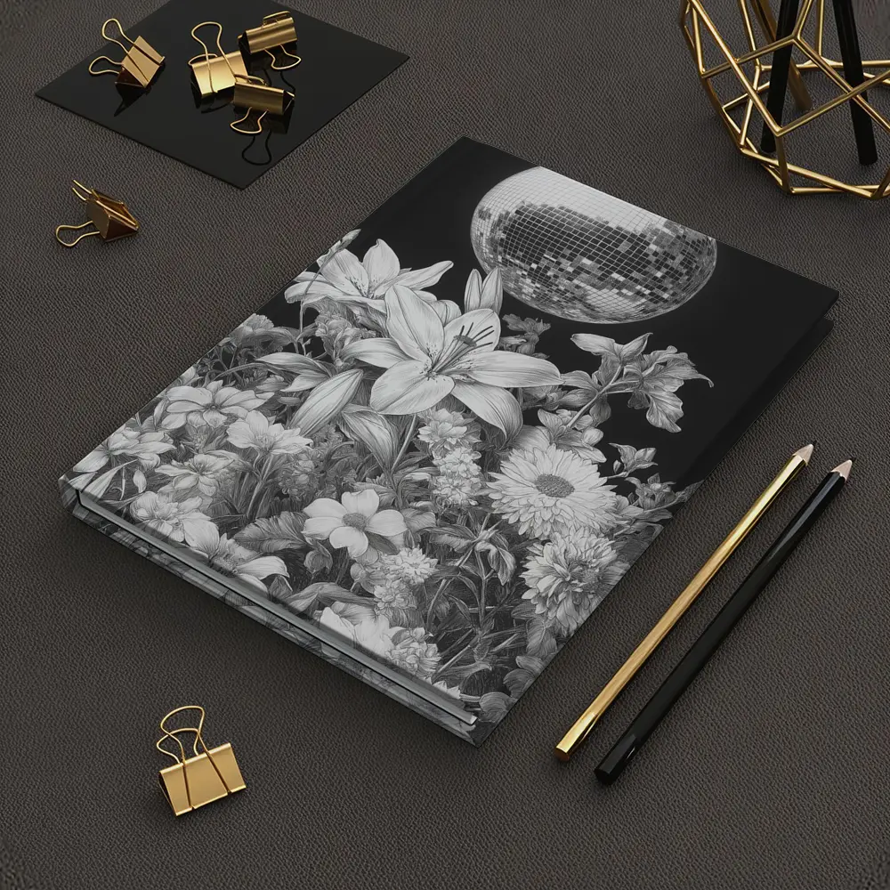 Disco Ball Florals Black White Drawing – Notebooks