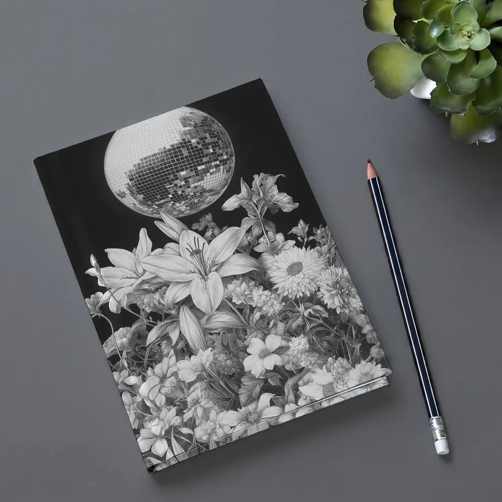Disco Ball Florals Black White Drawing – Notebooks