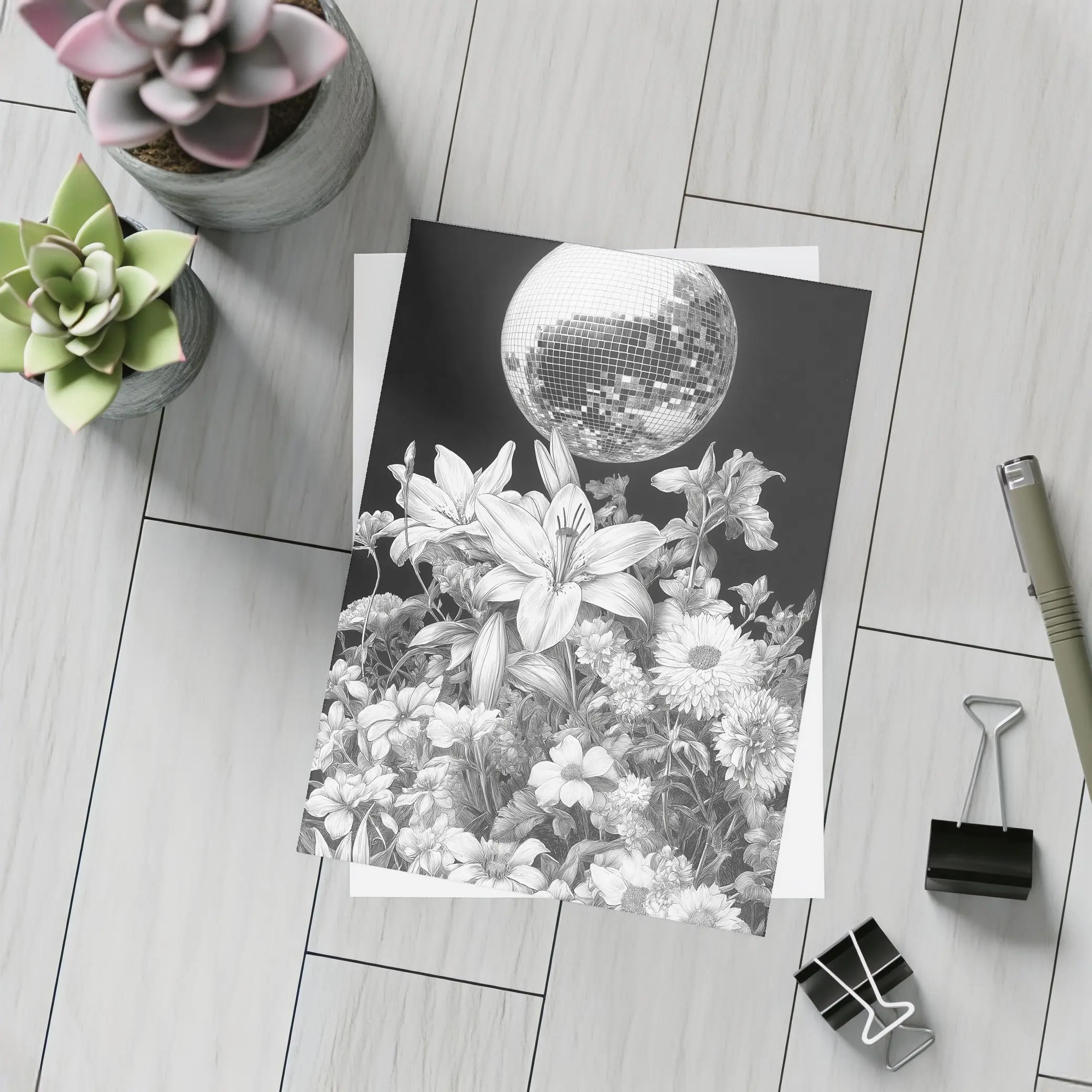 Disco Ball Florals Black White Drawing – Postcards