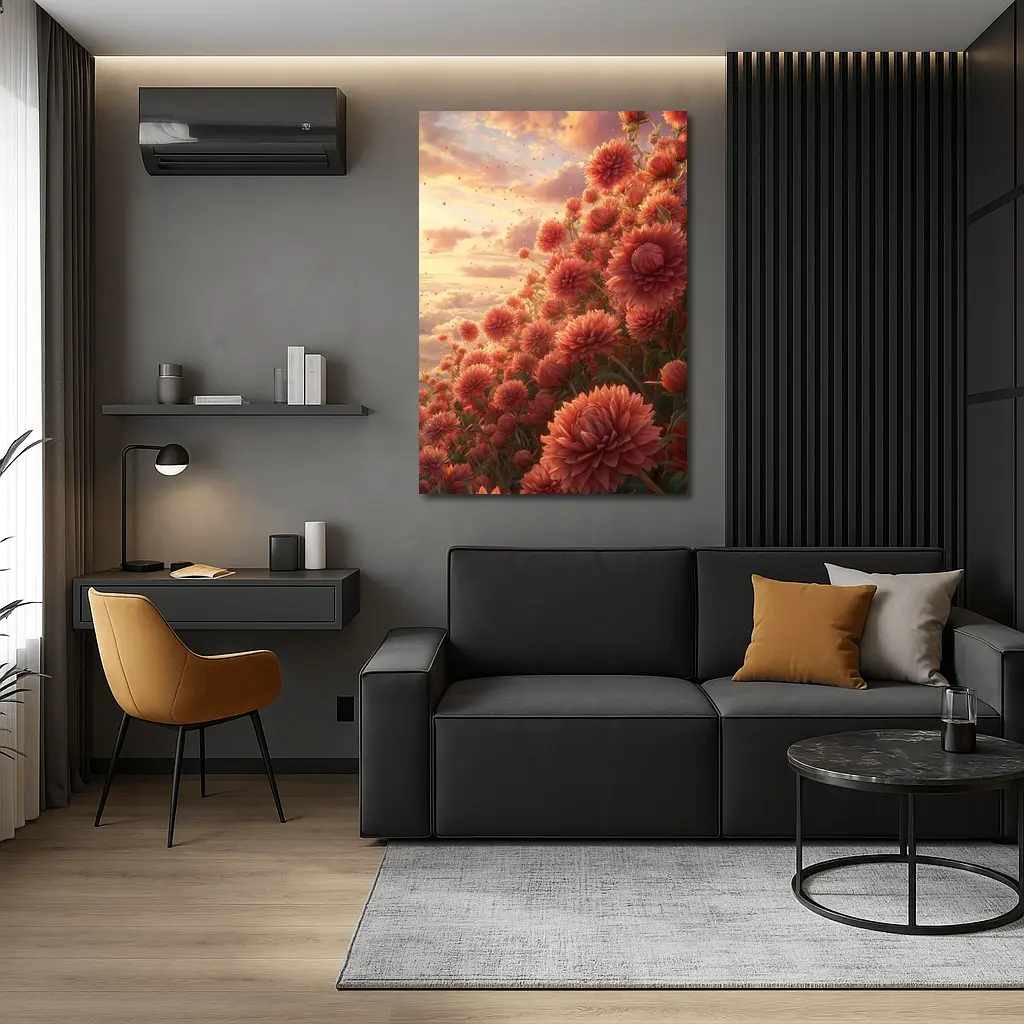Red Chrysanthums Field Golden Sunset Sky – Wall Art