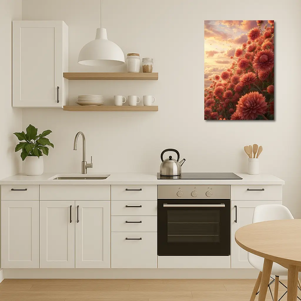Red Chrysanthums Field Golden Sunset Sky – Wall Art