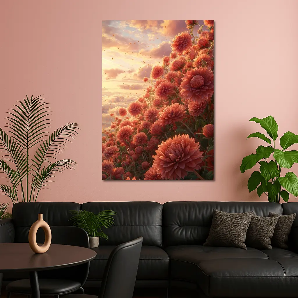 Red Chrysanthums Field Golden Sunset Sky – Wall Art