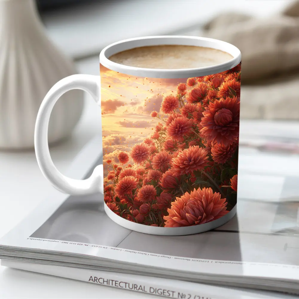 Red Chrysanthums Field Golden Sunset Sky – Mugs