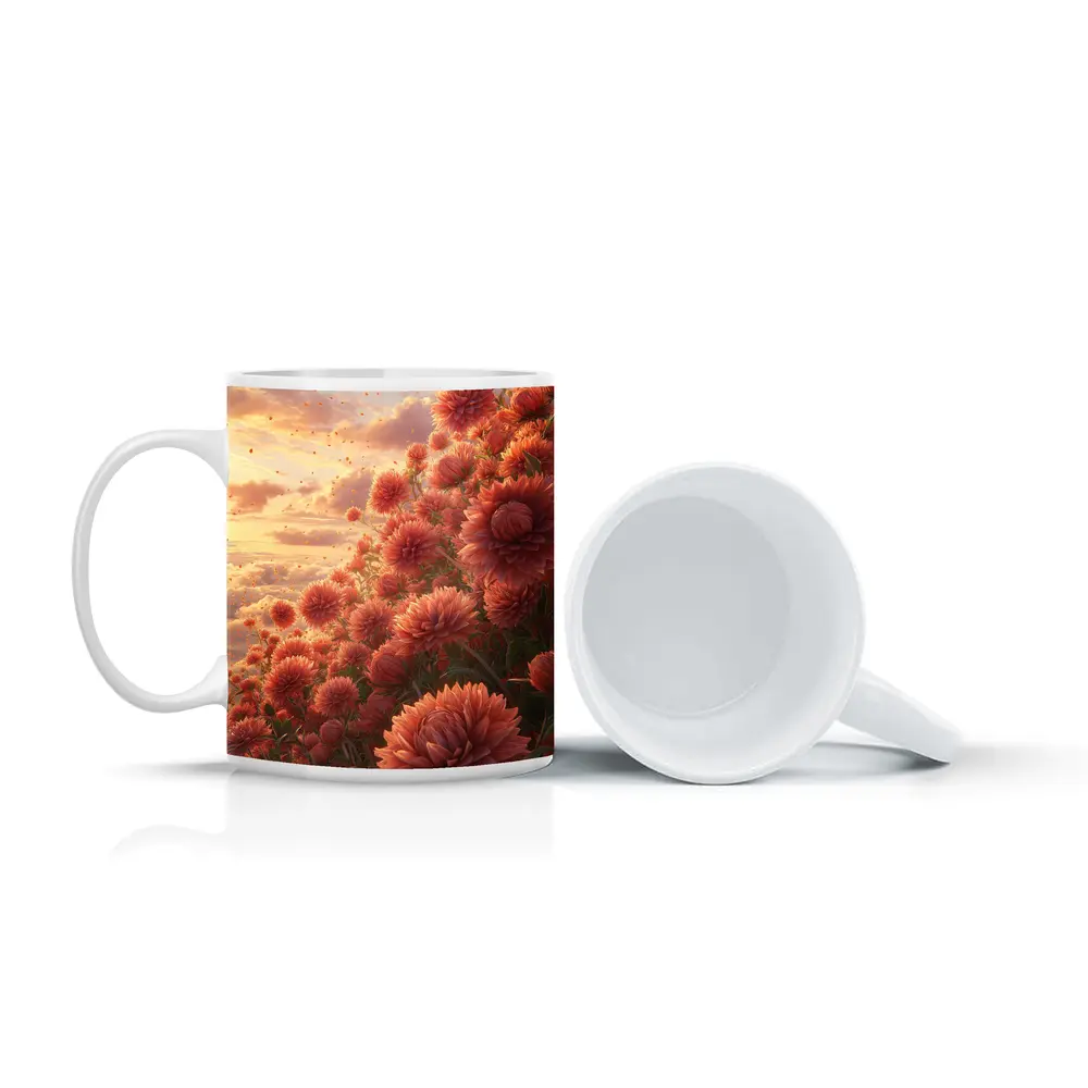 Red Chrysanthums Field Golden Sunset Sky – Mugs