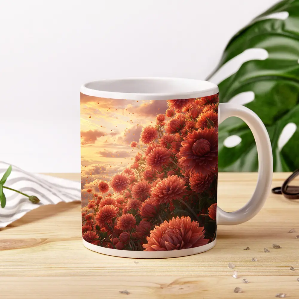 Red Chrysanthums Field Golden Sunset Sky – Mugs