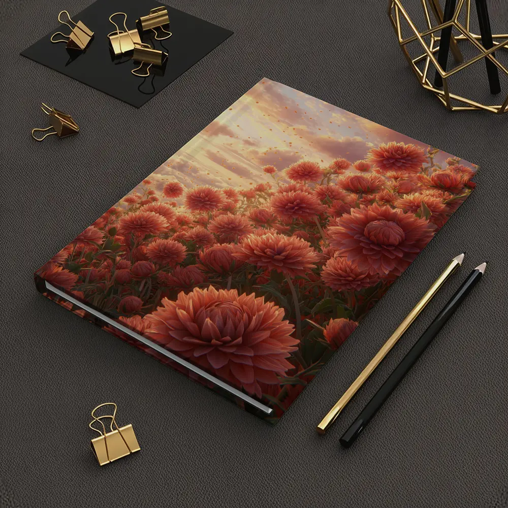Red Chrysanthums Field Golden Sunset Sky – Notebooks