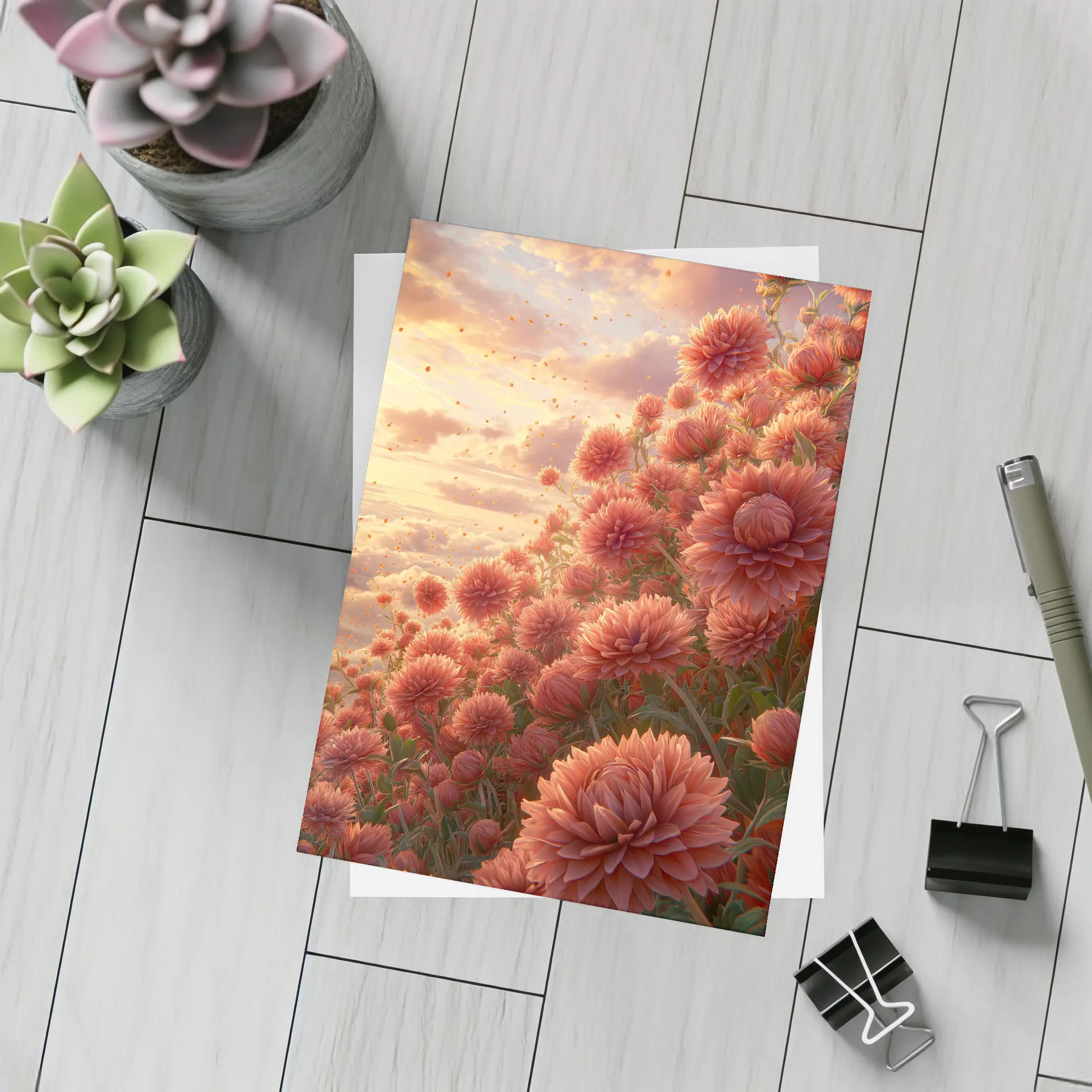 Red Chrysanthums Field Golden Sunset Sky – Postcards