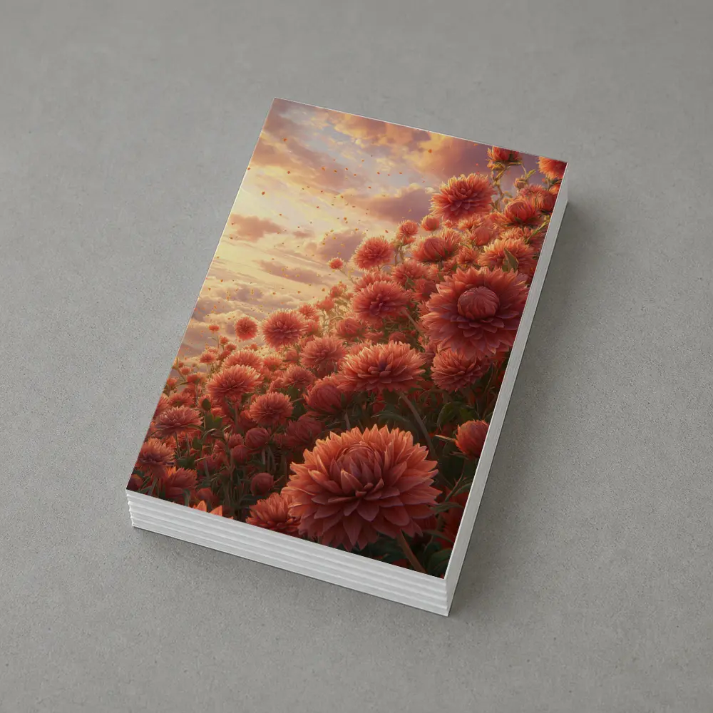 Red Chrysanthums Field Golden Sunset Sky – Postcards