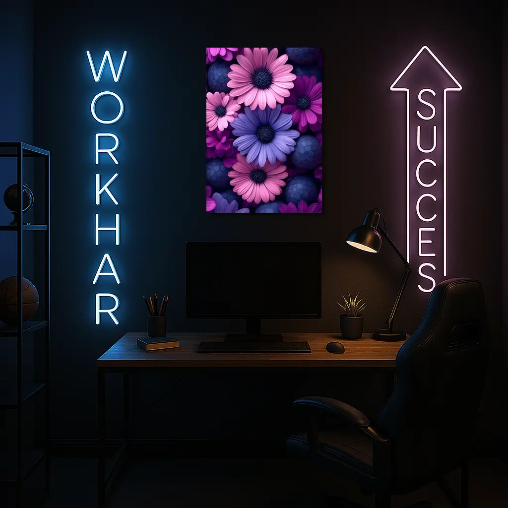 Pink Purple Daisy Flowers Dark Blue Spheres – Wall Art