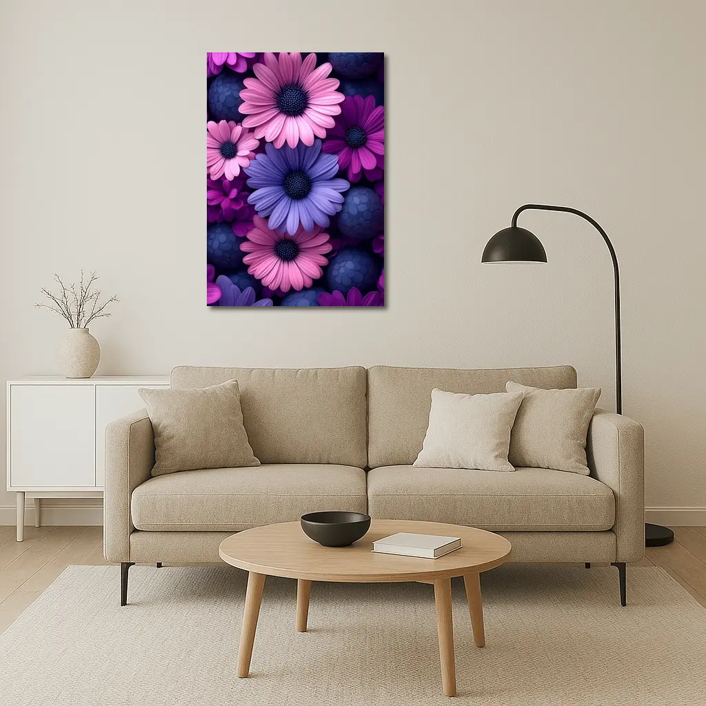 Pink Purple Daisy Flowers Dark Blue Spheres – Wall Art