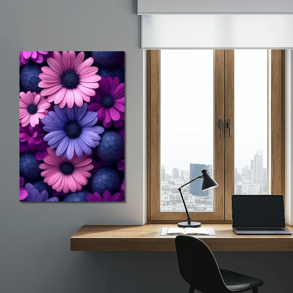 Pink Purple Daisy Flowers Dark Blue Spheres – Wall Art