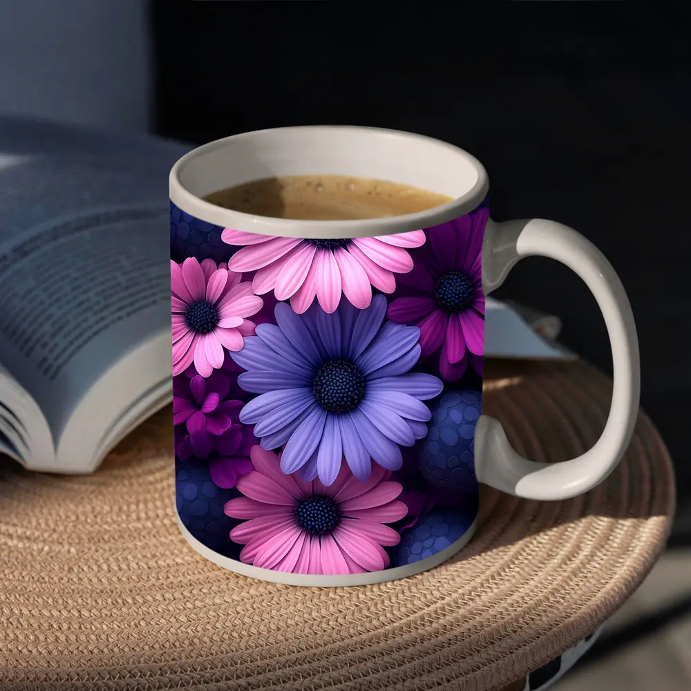 Pink Purple Daisy Flowers Dark Blue Spheres – Mugs