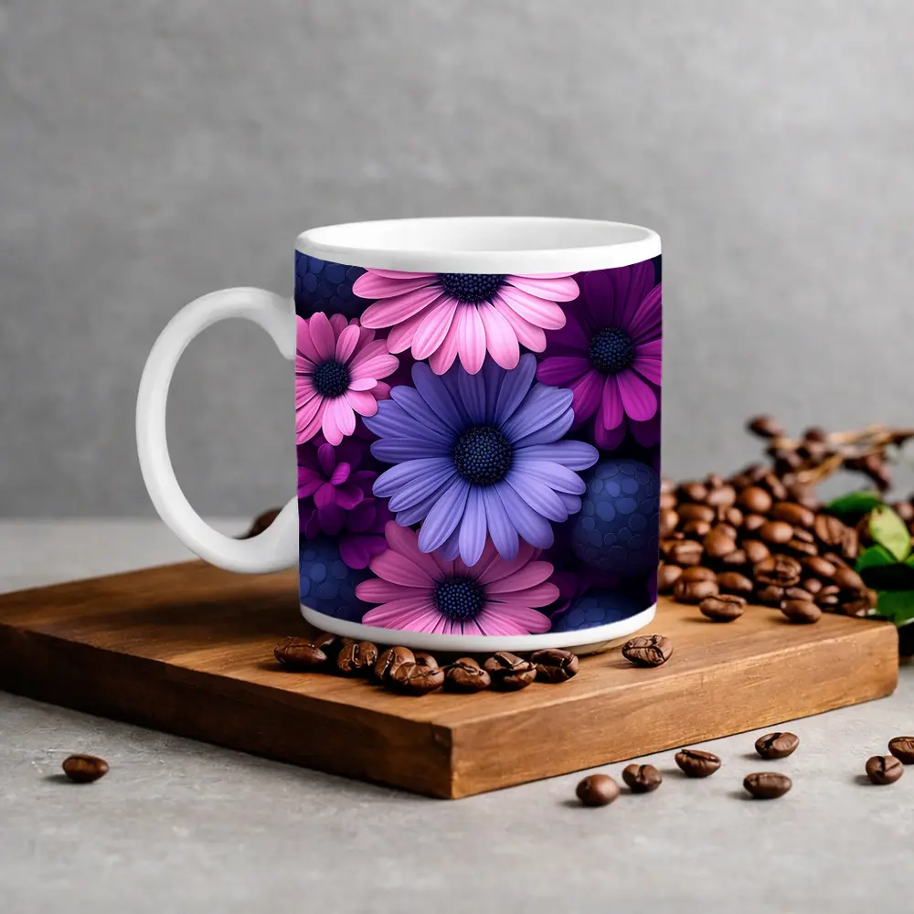 Pink Purple Daisy Flowers Dark Blue Spheres – Mugs