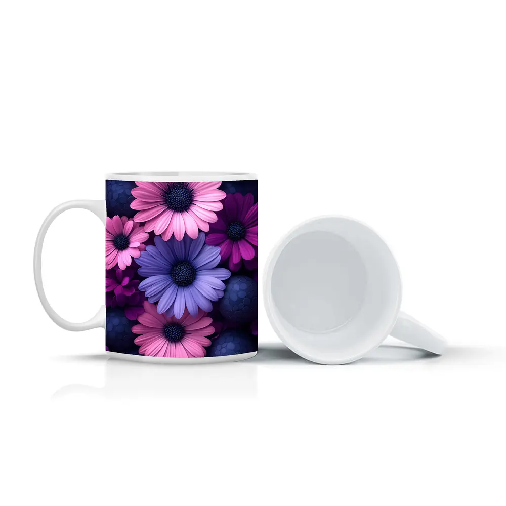 Pink Purple Daisy Flowers Dark Blue Spheres – Mugs