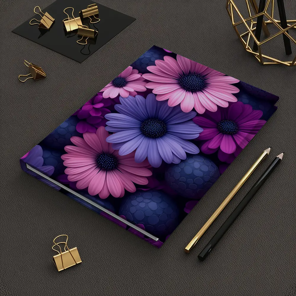 Pink Purple Daisy Flowers Dark Blue Spheres – Notebooks
