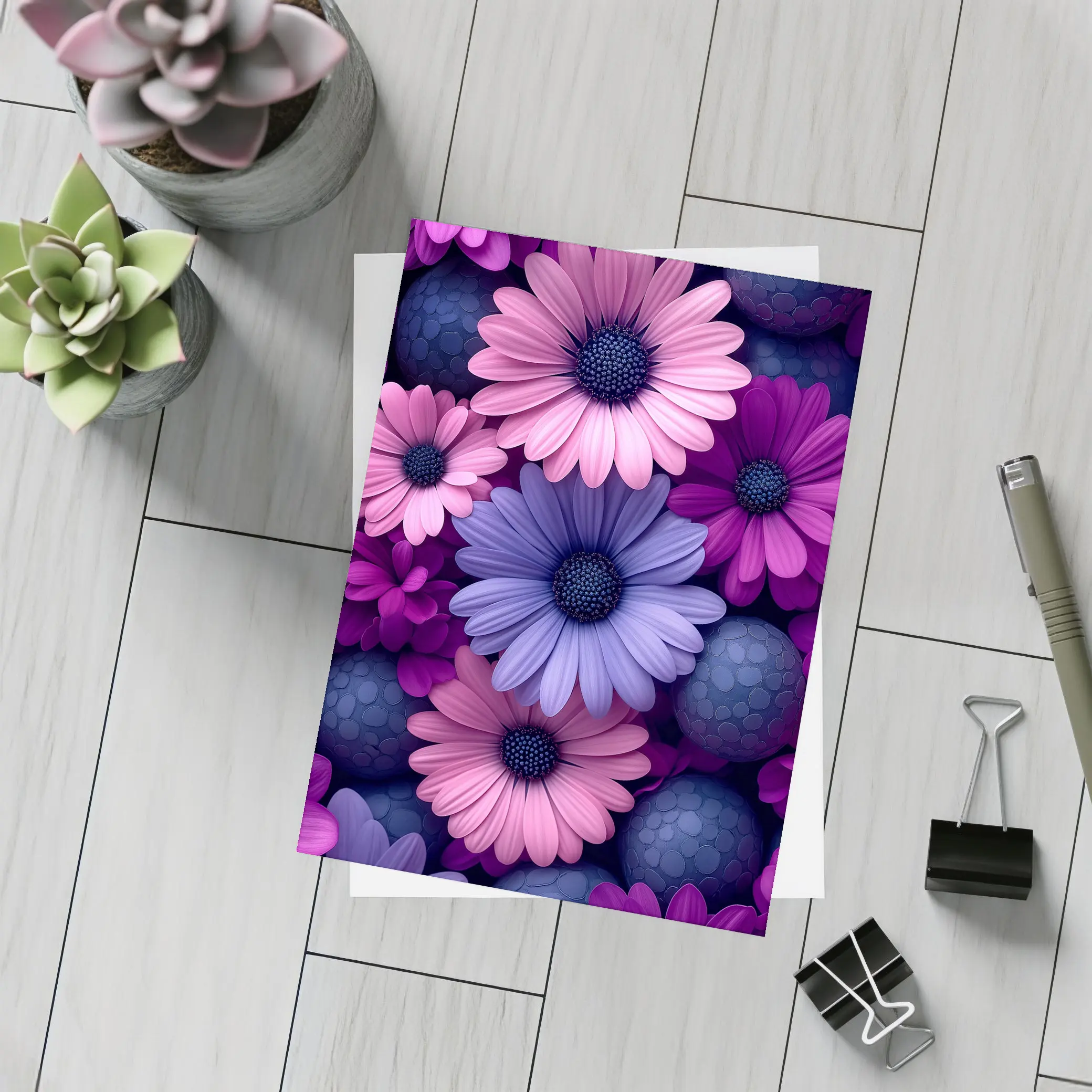 Pink Purple Daisy Flowers Dark Blue Spheres – Postcards