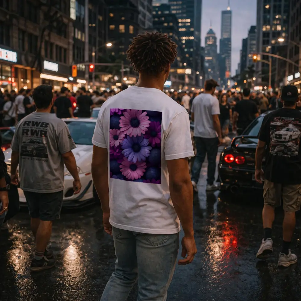 Pink Purple Daisy Flowers Dark Blue Spheres – T-Shirts